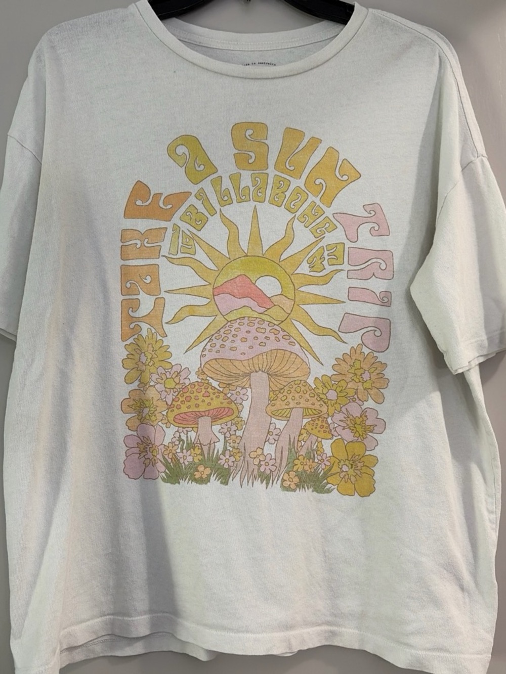 Billabong White Kids' Tee with Yellow & Pink Retro Sun Mushroom Print